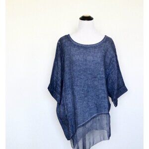 NEW! Gigi Moda Italy 100% Linen Tunic Blouse Asymmetric Hem Lightweight Blue